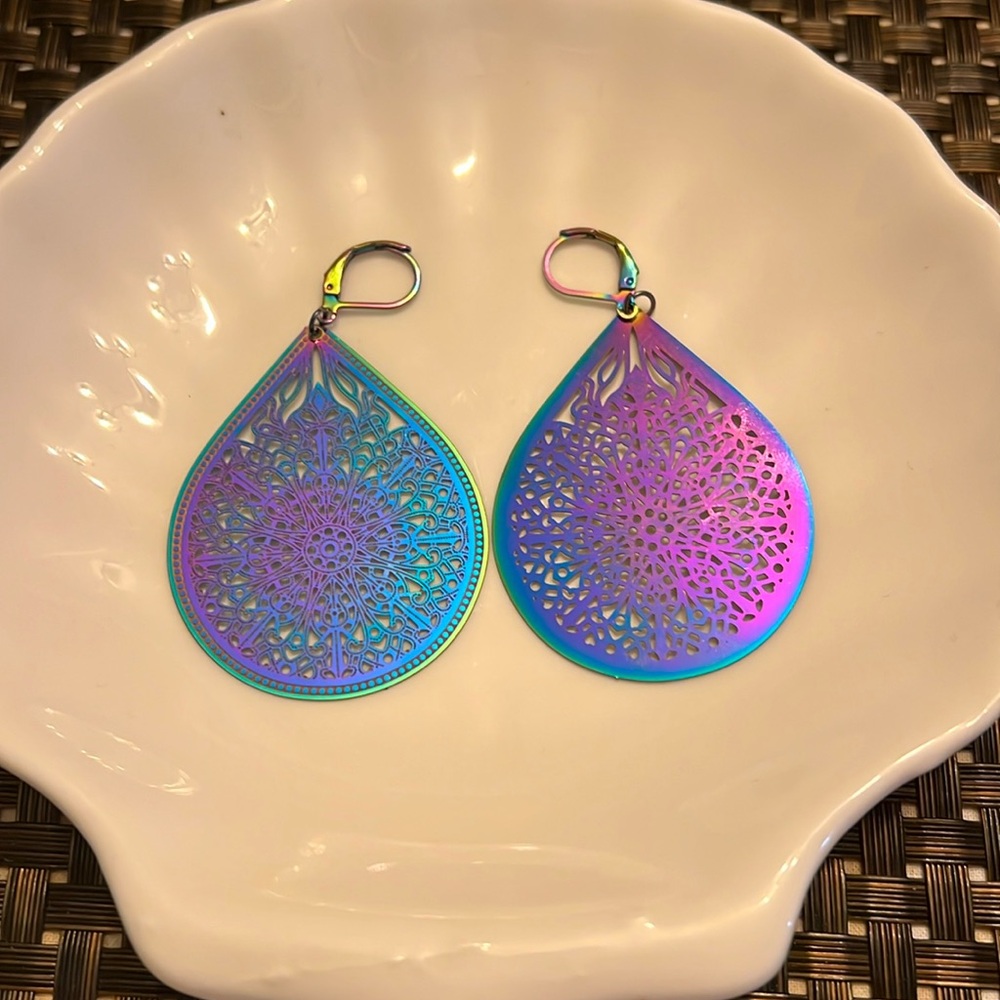Metallic Rainbow Tear Drop Dangle Earrings